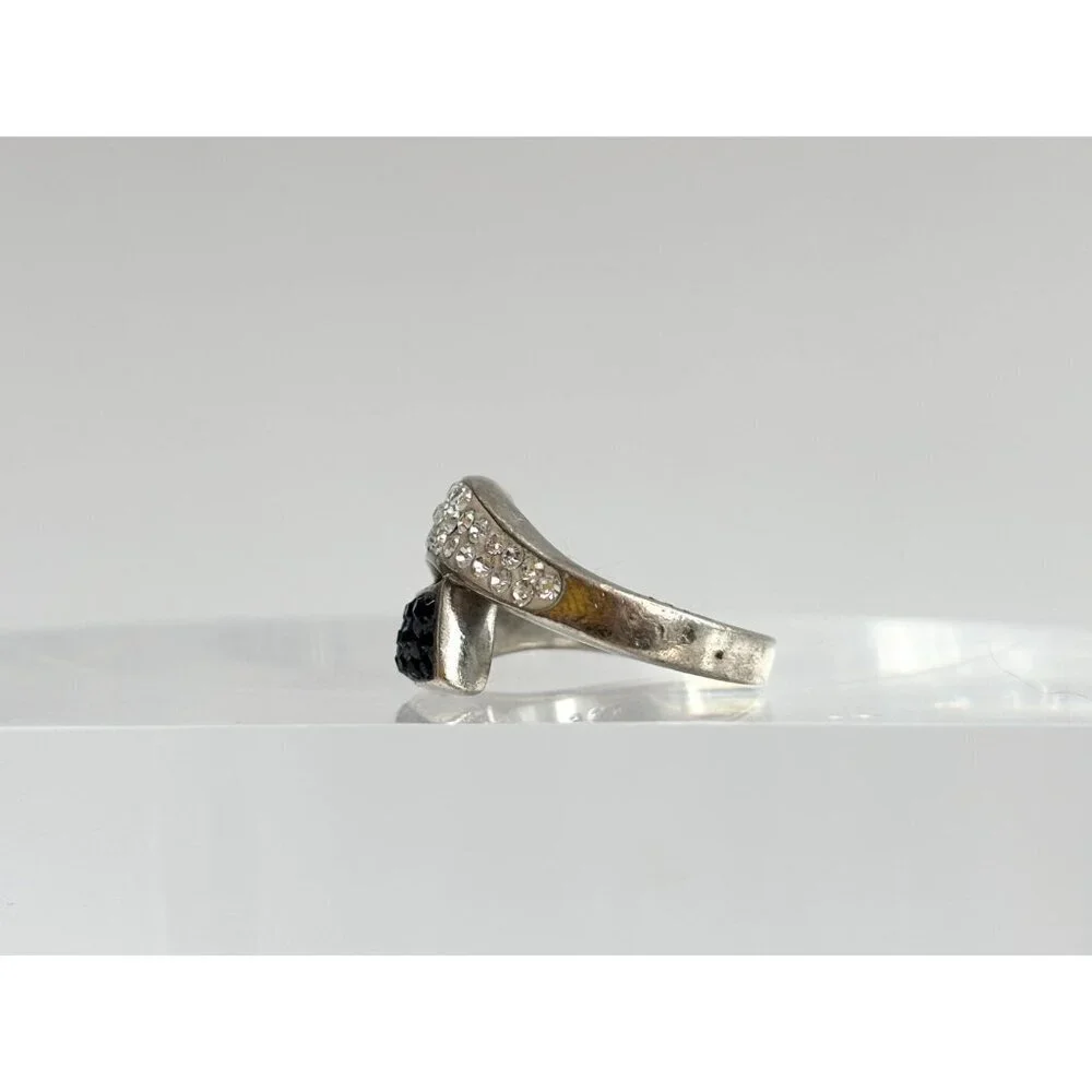 Black Onyx & Simulated Diamond 925 Sterling Silver Vintage Ring - sz 7